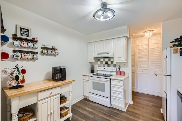 455 Raintree Ct Unit 1C, Glen Ellyn, IL 60137 - kitchen featuring white appliances, under cabinet range hood, wood counters, dark wood-style flooring, and white cabinets