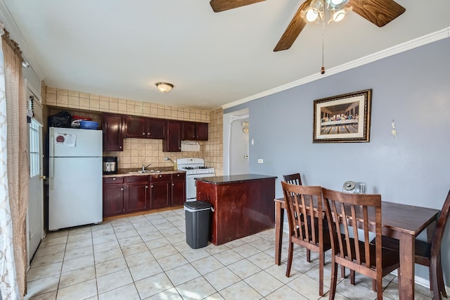 1142 N Boxwood Dr Unit B, Mount Prospect, IL 60056 - kitchen featuring white appliances, a ceiling fan, light tile patterned floors, ornamental molding, and dark brown cabinets
