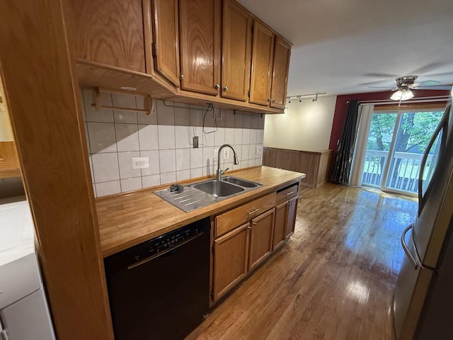 1690 Ashburn Ct Unit A, Wheaton, IL 60189 - kitchen with dishwasher, brown cabinets, freestanding refrigerator, wood finished floors, and wainscoting