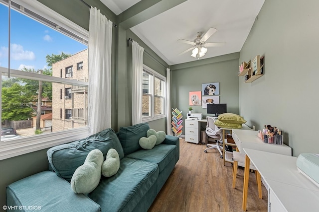 427 S Taylor Ave Unit 2N, Oak Park, IL 60304 - living area featuring an office area, plenty of natural light, wood finished floors, and a ceiling fan