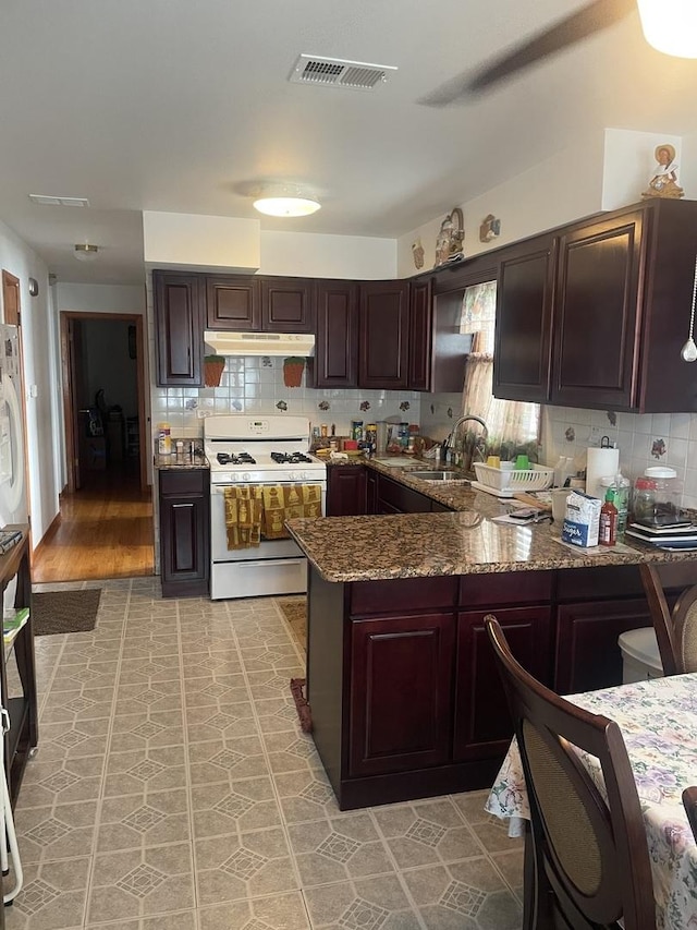 2940 N Nagle Ave, Chicago, IL 60634 - kitchen with white gas stove, under cabinet range hood, tasteful backsplash, stone countertops, and a peninsula