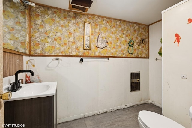 12358 S Lowe Ave, Chicago, IL 60628 - bathroom with vanity, wallpapered walls, and crown molding