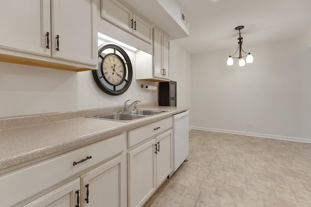 735 Wellington Ave, Elk Grove Village, IL 60007 - kitchen with white dishwasher, hanging light fixtures, light countertops, and white cabinets