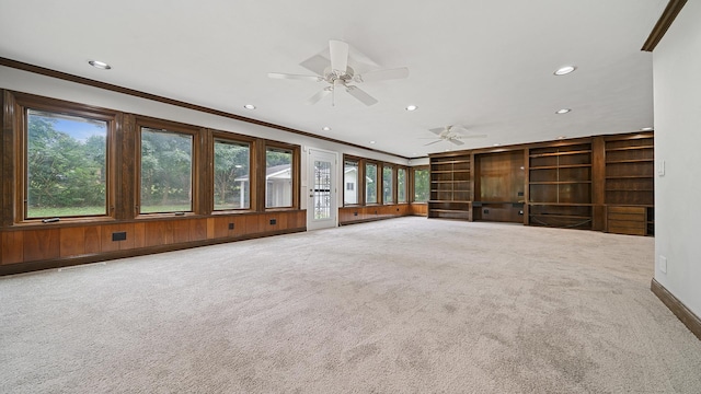 5809 Inverness Dr, Rockford, IL 61107 - unfurnished living room featuring ornamental molding, recessed lighting, carpet floors, and a ceiling fan