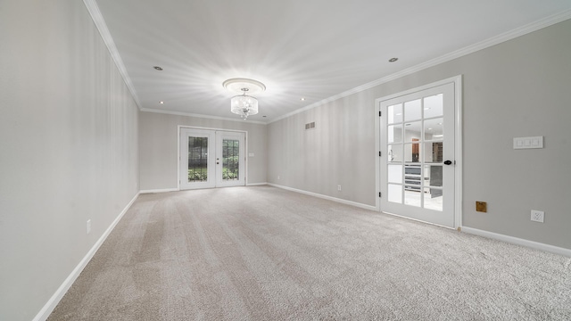 5809 Inverness Dr, Rockford, IL 61107 - carpeted empty room featuring french doors, ornamental molding, a chandelier, and recessed lighting