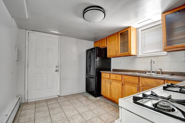 3241 S 53rd Ct, Cicero, IL 60804 - kitchen with baseboard heating, freestanding refrigerator, white range with gas cooktop, brown cabinets, and glass insert cabinets