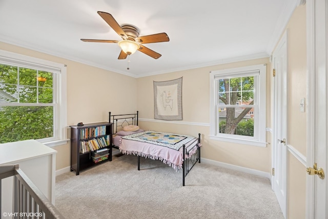 1300 Highridge Pkwy, Westchester, IL 60154 - carpeted bedroom featuring multiple windows, crown molding, and a ceiling fan