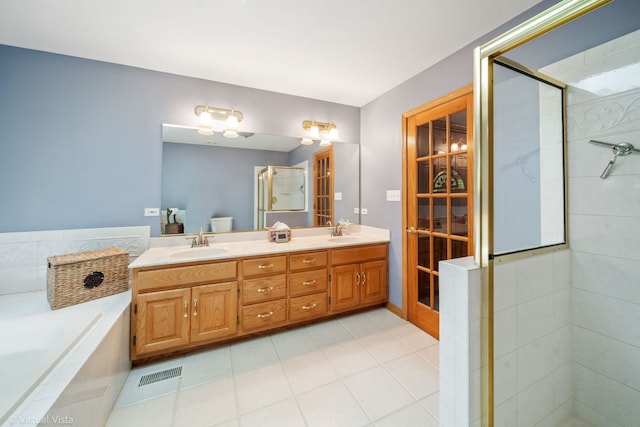 1448 Chestnut Xing, Lemont, IL 60439 - bathroom featuring double vanity, a garden tub, tile patterned flooring, and tiled shower