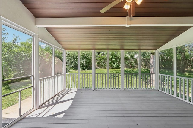 32 Woodridge Ln, Streamwood, IL 60107 - unfurnished sunroom featuring ceiling fan, lofted ceiling, and healthy amount of natural light