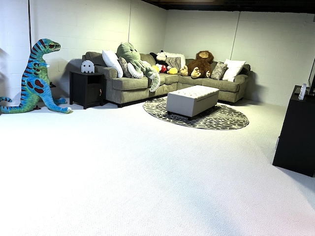 5 Knollcrest Ct, Normal, IL 61761 - carpeted living area with concrete block wall