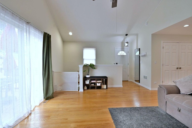 1747 Linneman St, Glenview, IL 60025 - living room featuring light wood finished floors, a ceiling fan, recessed lighting, and lofted ceiling