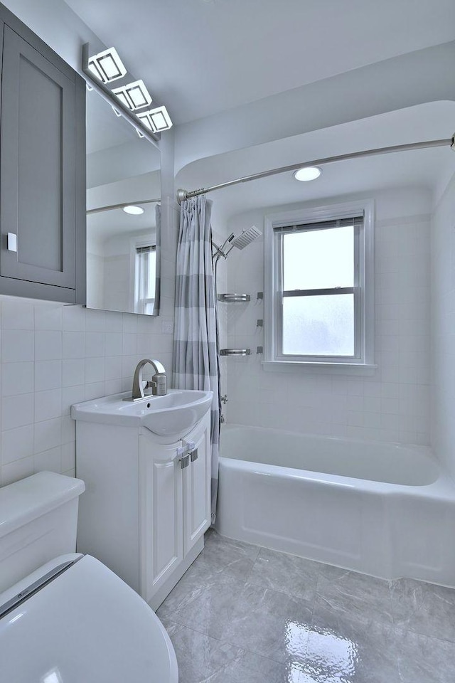 1747 Linneman St, Glenview, IL 60025 - full bathroom with vanity, tile walls, and shower / bath combination with curtain
