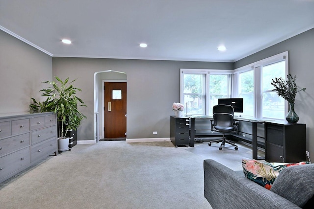 1747 Linneman St, Glenview, IL 60025 - carpeted office with arched walkways, ornamental molding, and recessed lighting