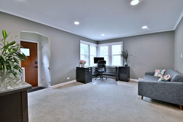 1747 Linneman St, Glenview, IL 60025 - carpeted home office featuring arched walkways, crown molding, and recessed lighting