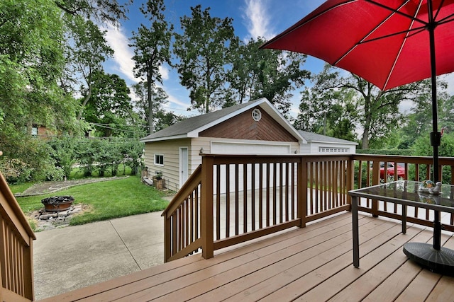1747 Linneman St, Glenview, IL 60025 - wooden deck featuring a fire pit, a lawn, an outdoor structure, and outdoor dining space