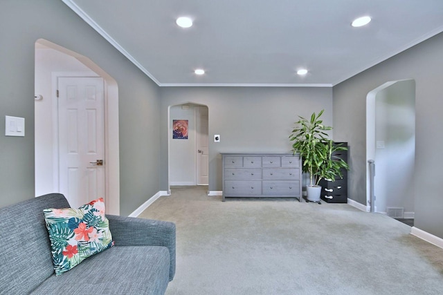 1747 Linneman St, Glenview, IL 60025 - living area with arched walkways, crown molding, recessed lighting, and carpet flooring
