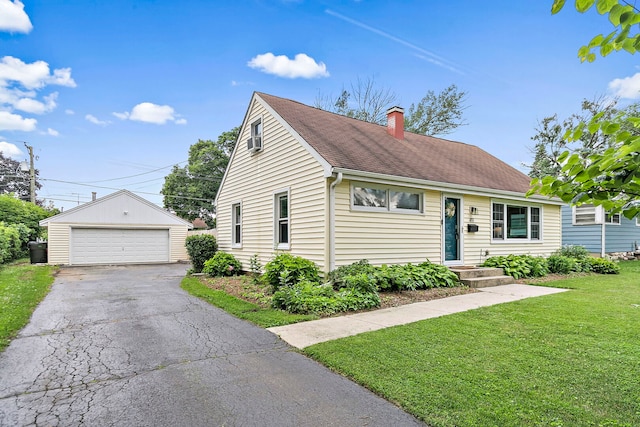 49 Burton Ave, Cary, IL 60013 - view of front of house with an outdoor structure, a chimney, a front yard, a detached garage, and a shingled roof