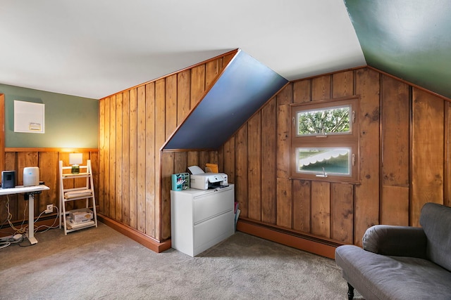 49 Burton Ave, Cary, IL 60013 - bonus room featuring a baseboard radiator, wooden walls, vaulted ceiling, and carpet flooring