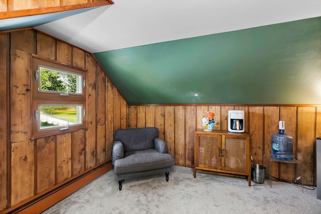 49 Burton Ave, Cary, IL 60013 - living area featuring a baseboard radiator, lofted ceiling, wood walls, and carpet
