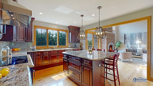 19113 Lauren Ln, Marengo, IL 60152 - kitchen featuring light wood-type flooring, exhaust hood, dark brown cabinets, a breakfast bar, and recessed lighting