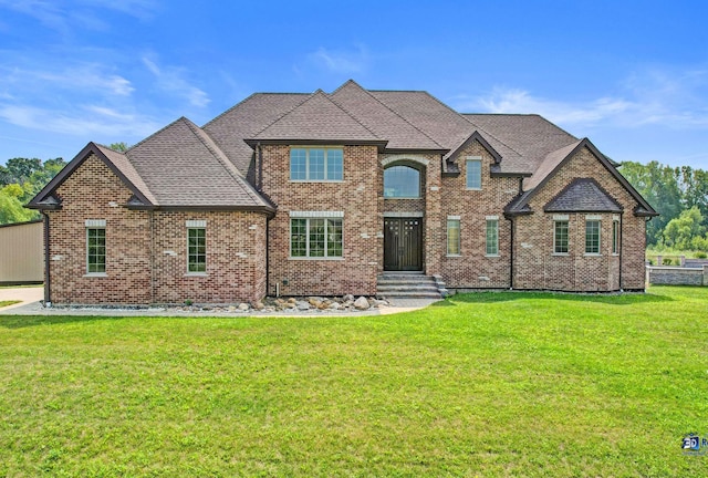 19113 Lauren Ln, Marengo, IL 60152 - french country inspired facade featuring brick siding, a front lawn, and roof with shingles