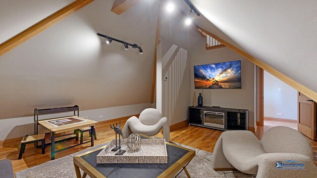 19113 Lauren Ln, Marengo, IL 60152 - home theater with rail lighting, vaulted ceiling, and wood finished floors