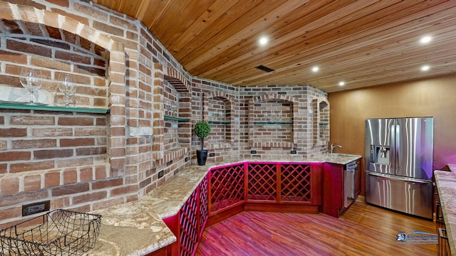 19113 Lauren Ln, Marengo, IL 60152 - wine cellar featuring wooden ceiling, recessed lighting, wood finished floors, and brick wall