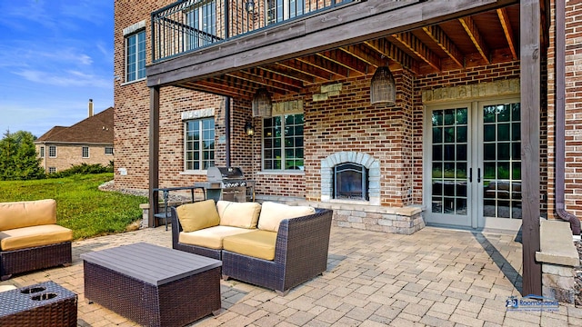 19113 Lauren Ln, Marengo, IL 60152 - view of patio / terrace featuring french doors, an outdoor living space, and grilling area