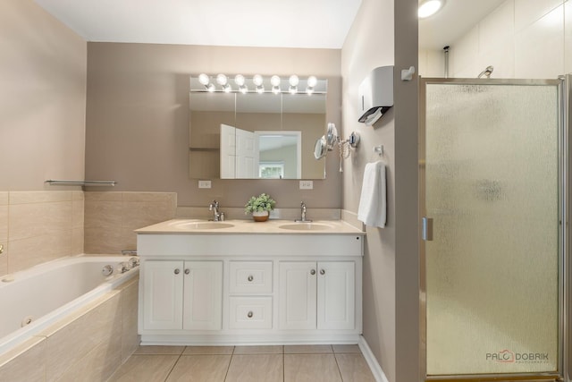 1804 Monroe Ct, Glenview, IL 60025 - bathroom featuring tile patterned floors, a stall shower, a whirlpool tub, and double vanity