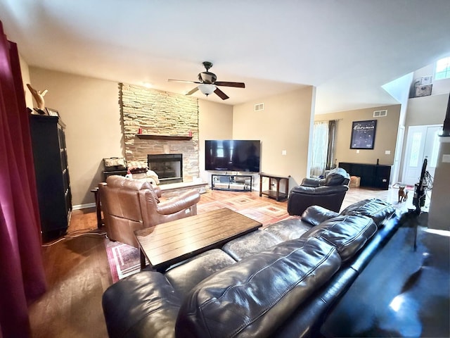 38422 N Adams St, Lake Villa, IL 60046 - living room featuring ceiling fan, wood finished floors, and a stone fireplace