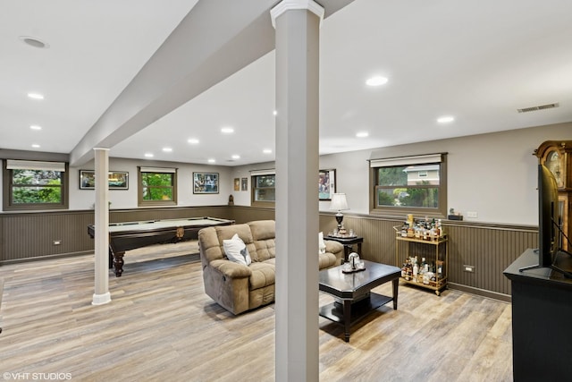 1217 E Pratt Dr, Palatine, IL 60074 - living room featuring billiards table, a wainscoted wall, ornate columns, light wood-style flooring, and recessed lighting