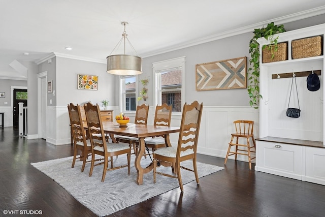 5106 W Eddy St, Chicago, IL 60641 - dining space with crown molding, plenty of natural light, dark wood-type flooring, wainscoting, and recessed lighting