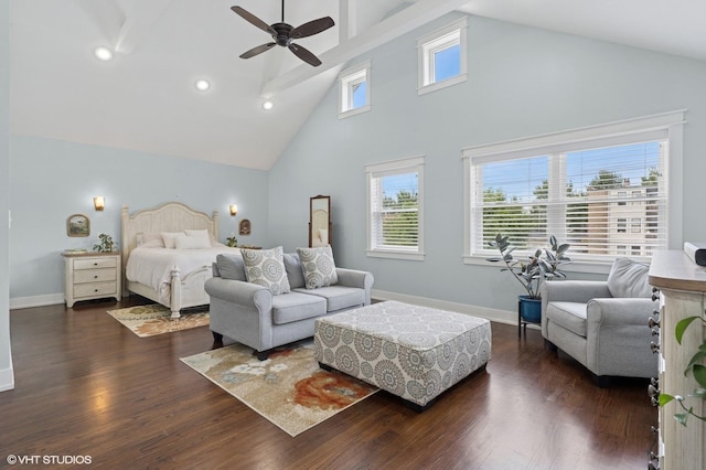 5106 W Eddy St, Chicago, IL 60641 - bedroom with high vaulted ceiling, dark wood-style floors, recessed lighting, and a ceiling fan
