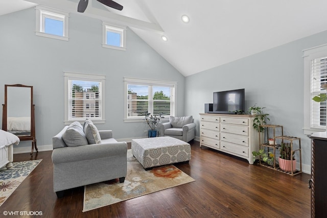 5106 W Eddy St, Chicago, IL 60641 - living area with high vaulted ceiling, a ceiling fan, dark wood-type flooring, and recessed lighting