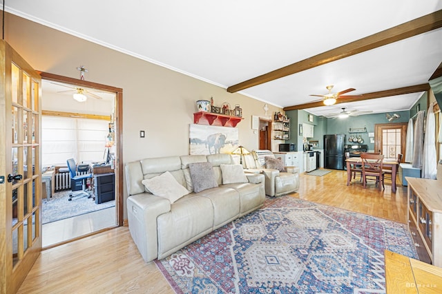15429 Lamon Ave, Oak Forest, IL 60452 - living room featuring ceiling fan, light wood-style flooring, beamed ceiling, crown molding, and an office area