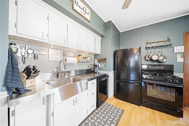 15429 Lamon Ave, Oak Forest, IL 60452 - kitchen featuring black appliances, stainless steel counters, ornamental molding, light wood-type flooring, and white cabinets