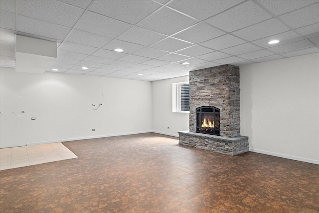 270 Birch Ln, Saint Charles, IL 60175 - unfurnished living room with a fireplace, a drop ceiling, and recessed lighting