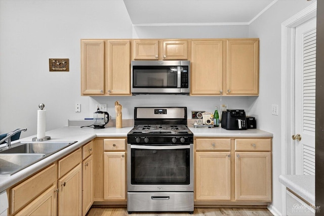 620 S Annandale Dr, Lake In The Hills, IL 60156 - kitchen featuring stainless steel appliances, light brown cabinets, light countertops, and ornamental molding