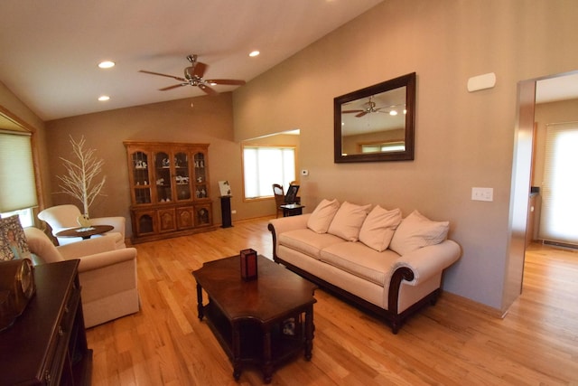 963 E Castlewood Ln, Bartlett, IL 60103 - living area featuring ceiling fan, lofted ceiling, light wood finished floors, and recessed lighting