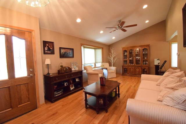 963 E Castlewood Ln, Bartlett, IL 60103 - living area featuring lofted ceiling, a ceiling fan, recessed lighting, and light wood-style floors