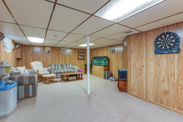 7315 Winthrop Way Unit 6, Downers Grove, IL 60516 - carpeted living area featuring wood walls and a drop ceiling