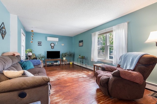 657 1st St, Crete, IL 60417 - living area with a wall mounted AC, a baseboard radiator, wood finished floors, and a textured ceiling