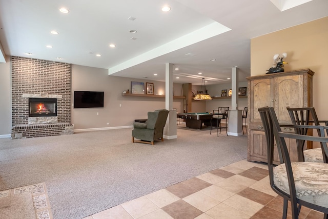 660 Birch Hollow Dr, Antioch, IL 60002 - living room featuring light colored carpet, billiards, recessed lighting, and a fireplace