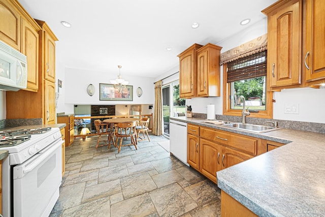 13520 Idlewild Dr, Orland Park, IL 60462 - kitchen with white appliances, stone tile floors, plenty of natural light, a chandelier, and recessed lighting