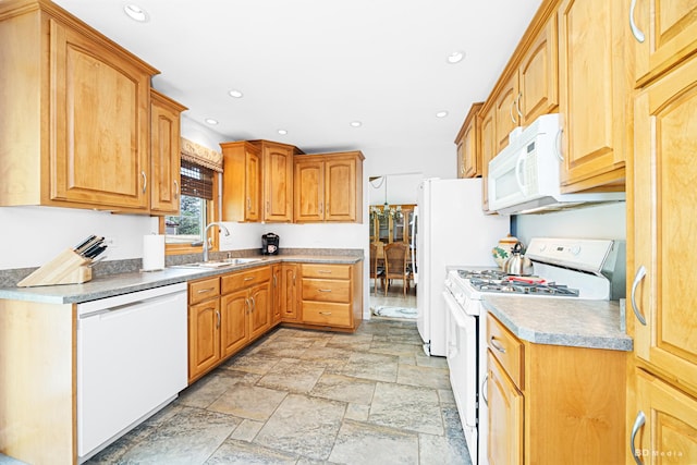 13520 Idlewild Dr, Orland Park, IL 60462 - kitchen featuring white appliances, stone tile floors, and recessed lighting