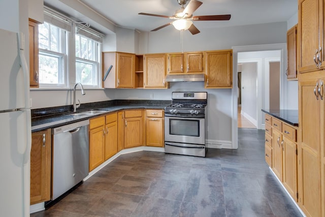 7530 Brown Ave, Forest Park, IL 60130 - kitchen with appliances with stainless steel finishes, under cabinet range hood, a ceiling fan, and open shelves