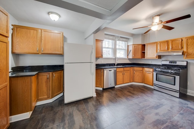 7530 Brown Ave, Forest Park, IL 60130 - kitchen featuring stainless steel appliances, under cabinet range hood, a ceiling fan, open shelves, and brown cabinetry