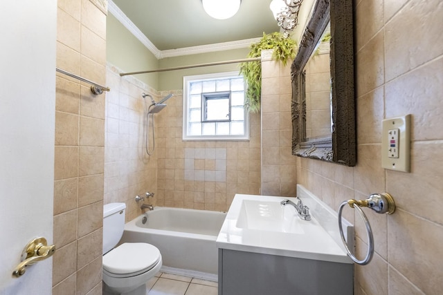 3928 W 63rd Pl, Chicago, IL 60629 - full bath featuring crown molding, shower / tub combination, vanity, tile patterned flooring, and tile walls