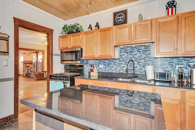 9826 S Walden Pkwy, Chicago, IL 60643 - kitchen with appliances with stainless steel finishes, wooden ceiling, backsplash, light brown cabinets, and dark stone countertops