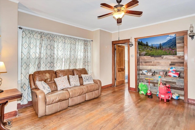 9826 S Walden Pkwy, Chicago, IL 60643 - living room featuring ceiling fan, light wood-type flooring, and ornamental molding